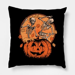 Vintage Pumpkin Skeletons Dancing Scene Pillow