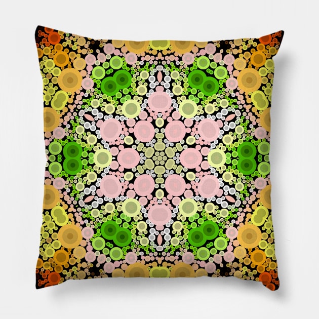 Dot Mandala Flower Pink Green and Yellow Pillow by WormholeOrbital