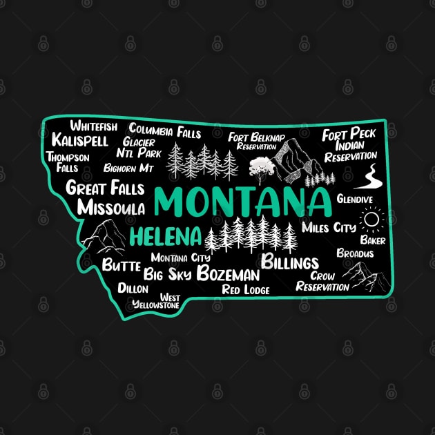 Cute map of Montana, Helena, Missoula, Great Falls, Butte, Bozemian, Billings, Kalispell, Big Sky by BoogieCreates