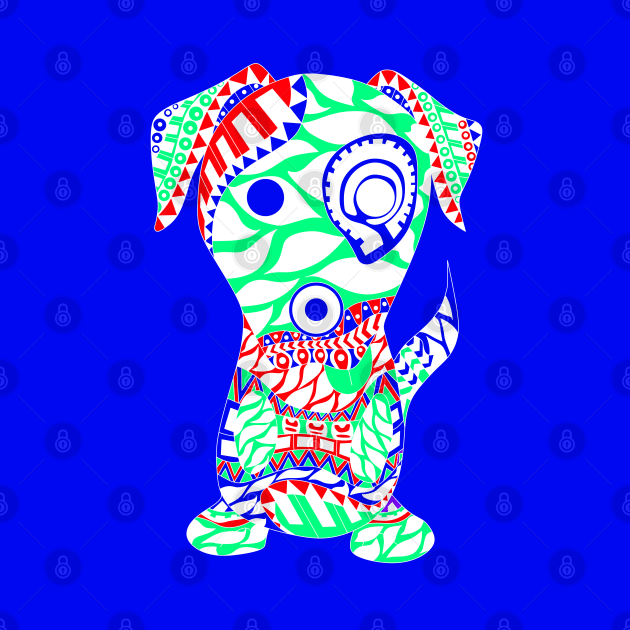 kawaii dog in mexican tribal totonac magical patterns art ecopop by jorge_lebeau