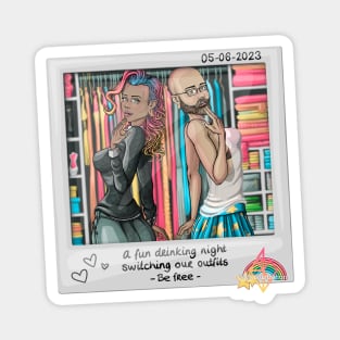 Reva Prisma and Mark_B_draws wearing each other clothes Magnet