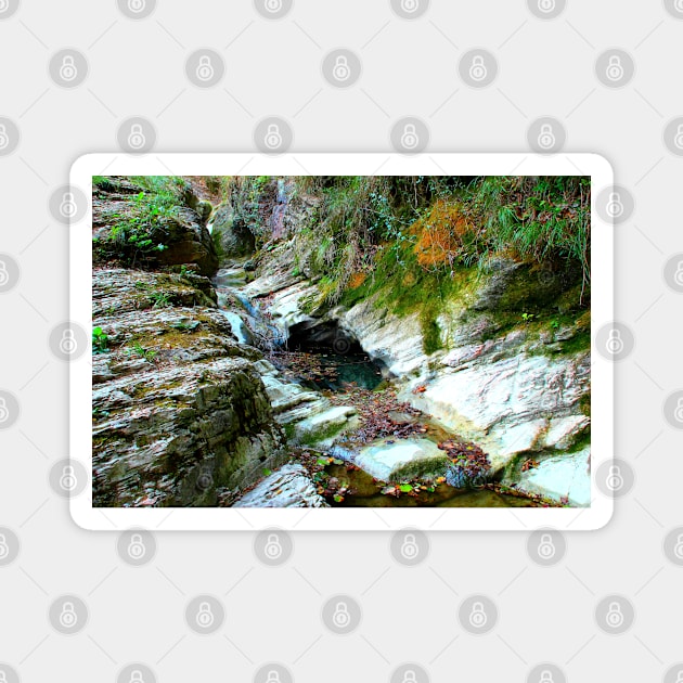 View in Sarnano at Pozze dell'Acquasanta with rocks, rivulets, water, greenery Magnet by KristinaDrozd