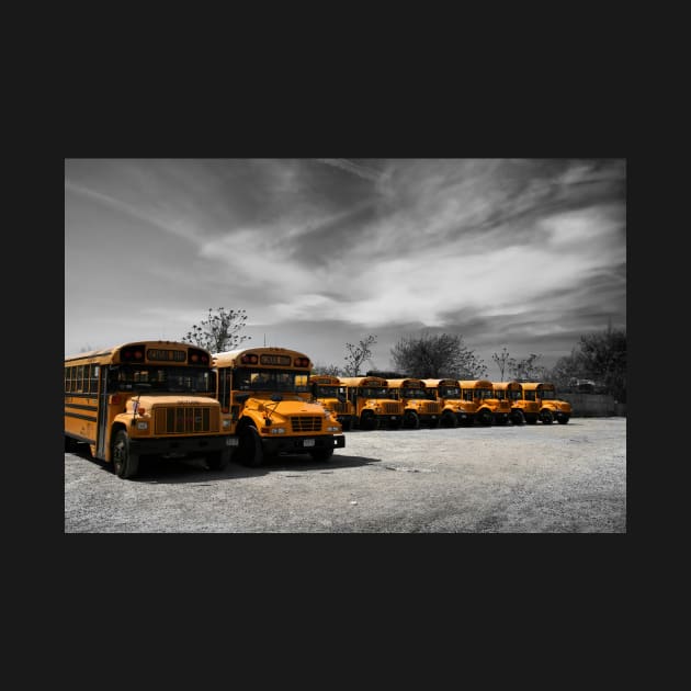 School buses waiting in a parking lot in Brooklyn, New York City by Reinvention