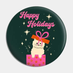 Happy Holidays! Cute white cat with bow illustration. Xmas art gift idea Pin