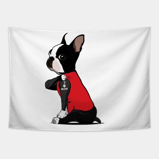 I Love Mom Boston Terrier Tattooed Tapestry by celestewilliey