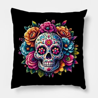 Sugar Skull Art - Flower Skull Fiesta Pillow