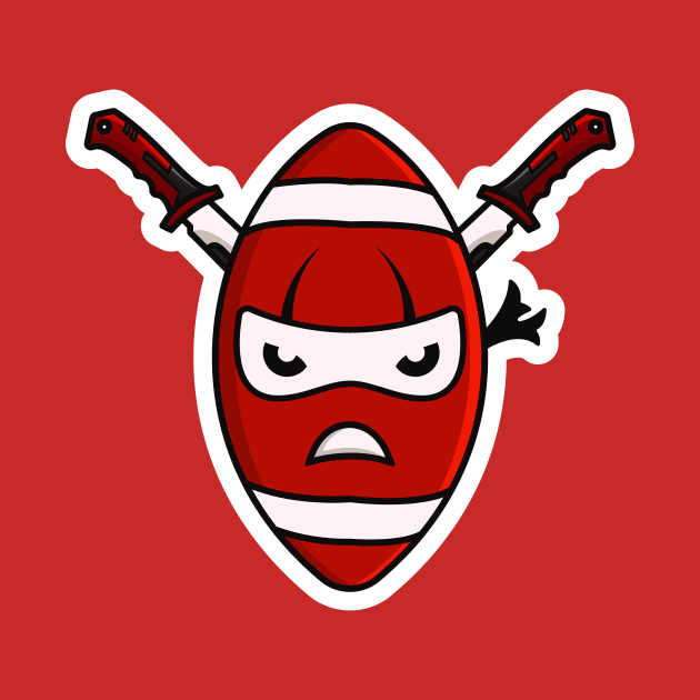 Rugby Ball Ninja with Swords Sticker design vector illustration. Sports object icon concept. Ninja mascot with American football sticker design icons logo with shadow. by AlviStudio