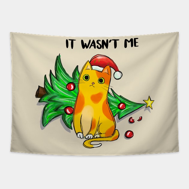 It Wasn't Me - Naughty Kitten Knocking Down The Christmas Tree Tapestry by Pop Cult Store