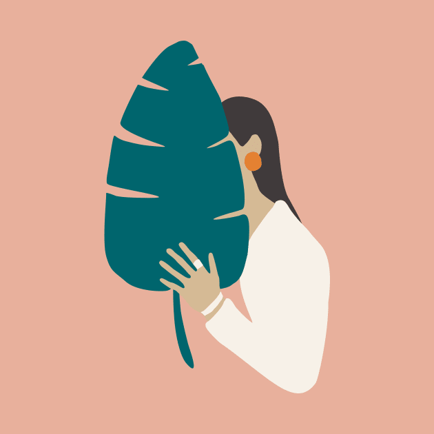 Brunette girl in white with tropical banana leaf by NOSSIKKO