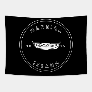 Madeira Island 1419 logo with the traditional fishing boat/canoa in black & white Tapestry