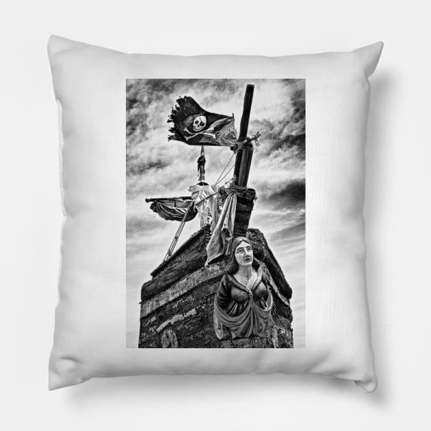 Pirate ship and black flag Pillow by photogarry