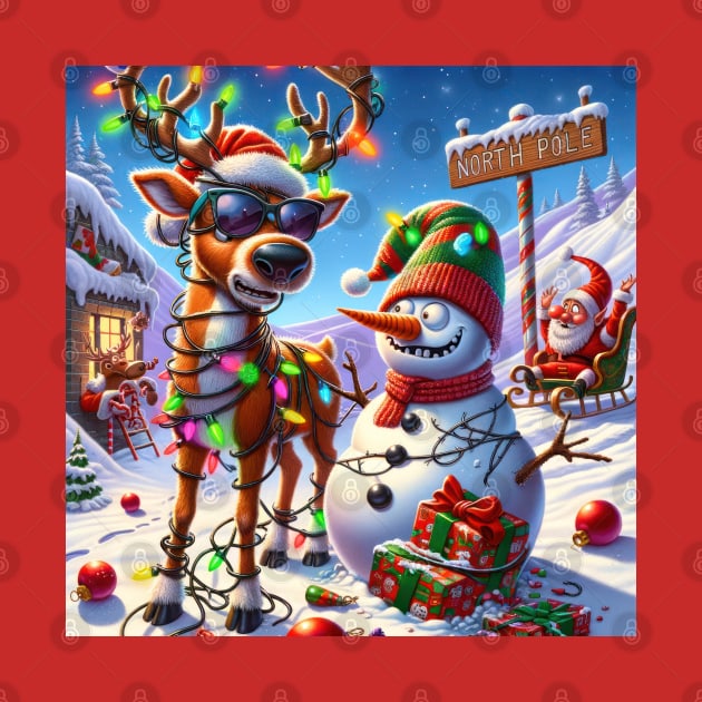 Santa, Rudolph and a Snowman at the North Pole by TooplesArt