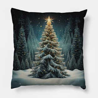 Christmas tree in snow forest Pillow