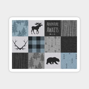Adventure Awaits Patchwork - Blue, Grey and Black Magnet