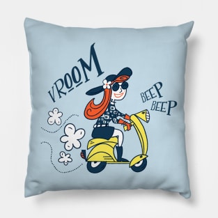 Cute and Fun Mid-Century Modern Girl on Yellow Italian Vespa Scooter Pillow