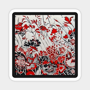 Woodcut Flowers in Red Magnet