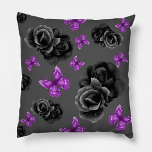 Black Roses and Purple Butterflies On A Gray Background Pillow