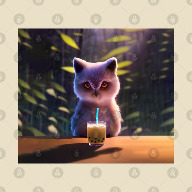 Baby Owl with boba bubble tea by akwl.design