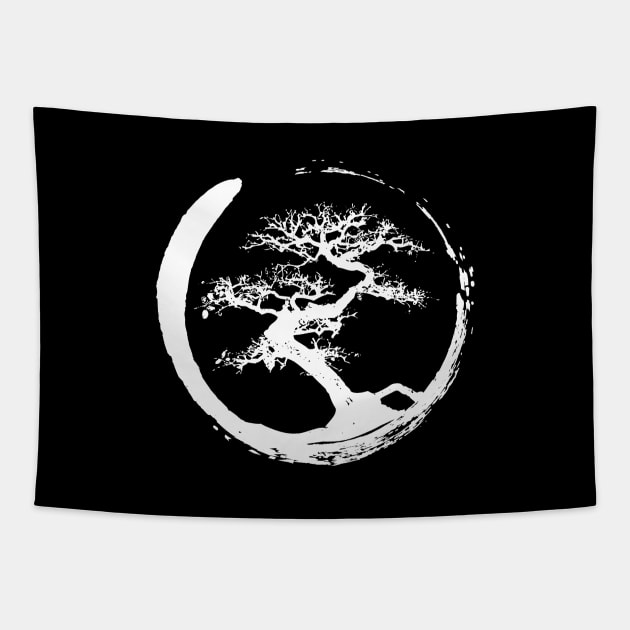 Zen Bonsai Tree in Enso Circle (white) Tapestry by Elvdant