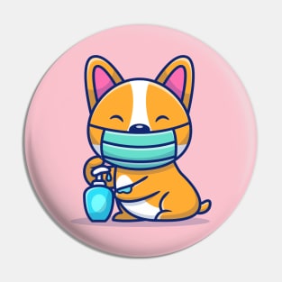 Cute Corgi Using Mask And Hand Sanitizer Pin