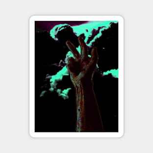 Digital collage and special processing. Hand near clouds. Holy trinity hand gesture. Light green and violet clouds. So beautiful. Magnet