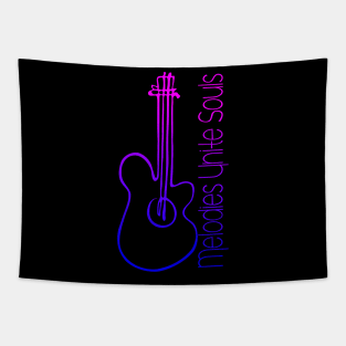 Melodies Unite Souls, Musical Guitar Drawing with Quote in Neon Colors Tapestry