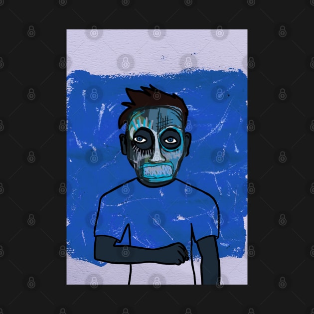 Expressionist Blue Male Character with Street Mask and Blue Eyes by Hashed Art