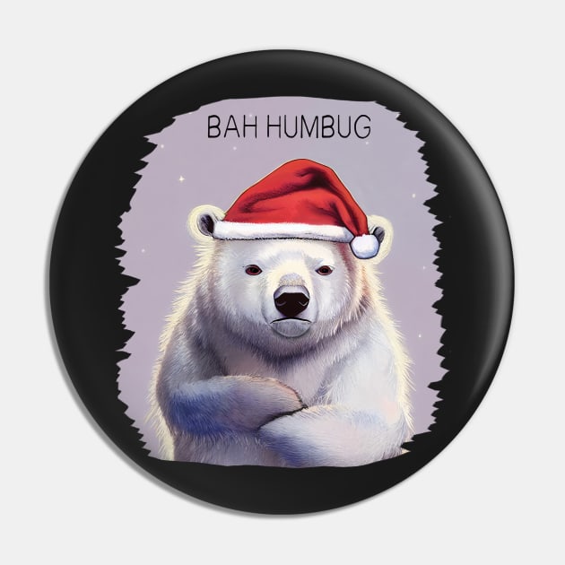 Bah Humbug! Grumpy polar bear in Santa hat Pin by Geminiartstudio