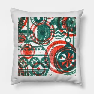 Xmas Baubles 14 -red and green  lino print Pillow