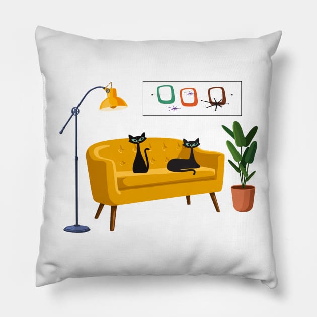 Mid Century Cats on Yellow Retro Sofa Pillow by Lisa Williams Design