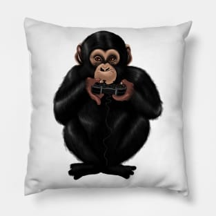 Chimp Monkey Playing Video Games Funny Pillow