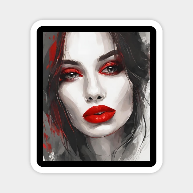 Vampire woman with red lips art ai Magnet by Jolyful Drawing