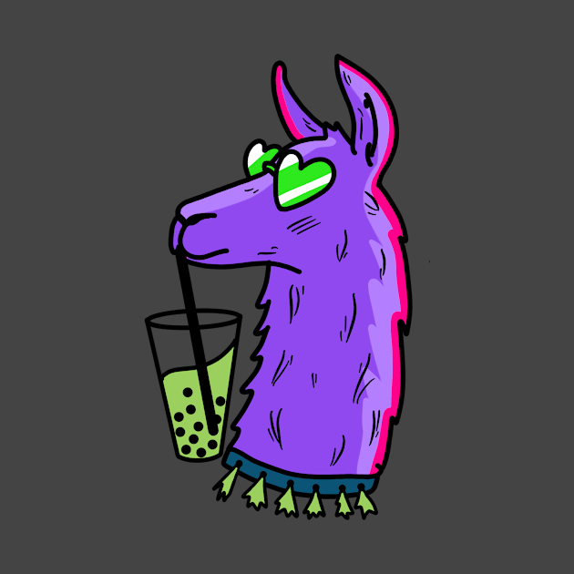 funky purple llamma wearing tessels and heartshaped sunglasses, drinking matcha bubble tea cute gift by AnanasArt