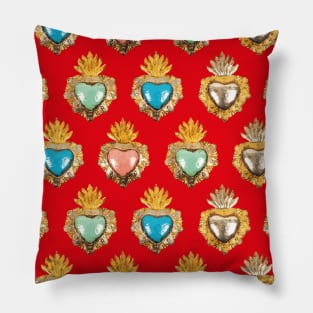 Mexican milagrito pastel colors sacred heart red oaxaca folk art elegant pattern Pillow