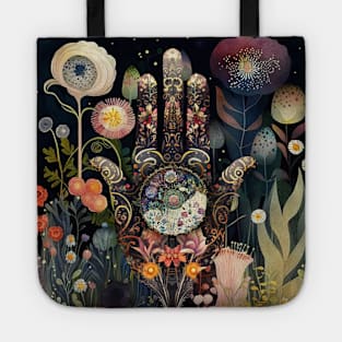 Hippy Floral Art,Hamsa Hand, Tote