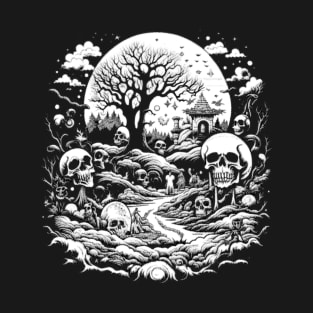 White Night of Magical Hut in Psychedelic Forest With Skulls, Macabre T-Shirt