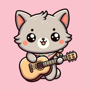 Kawaii Cat Guitarist - Adorable Music Themed T-Shirt