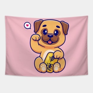 Cute Lucky Pug Dog Holding Gold Coin Cartoon Tapestry