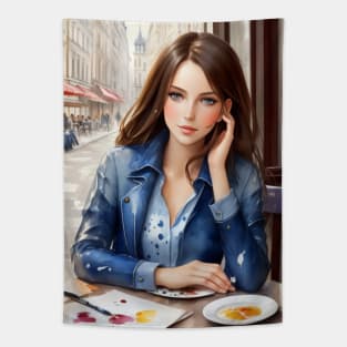 beauitful woman on parisian cafe Tapestry