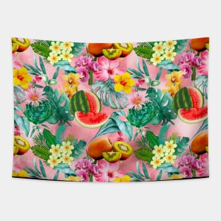 Vibrant tropical leaves pattern, watermelon illustration, tropical plants, pink colorful tropical fruits Tapestry