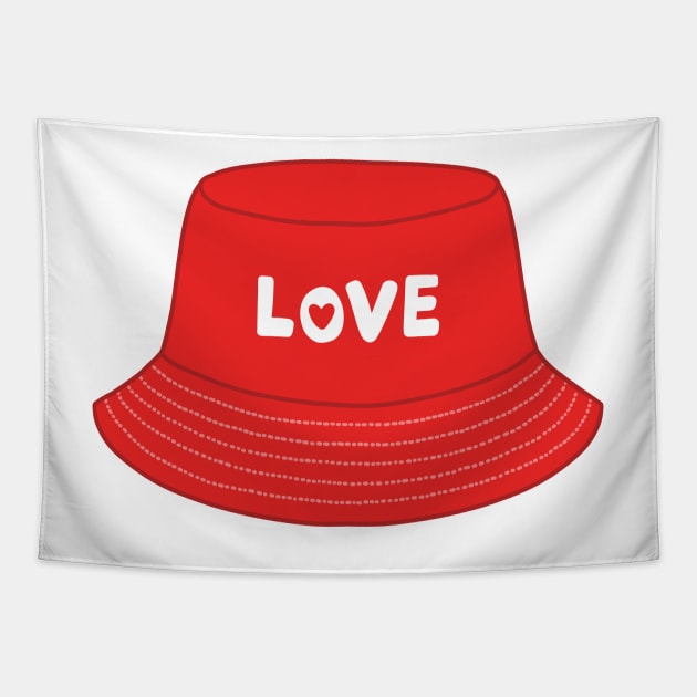 Red bucket hat with love text Tapestry by Nikamii