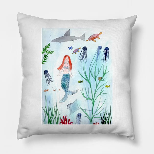 Cute Mermaid Watercolor Illustration Pillow by Sandraartist