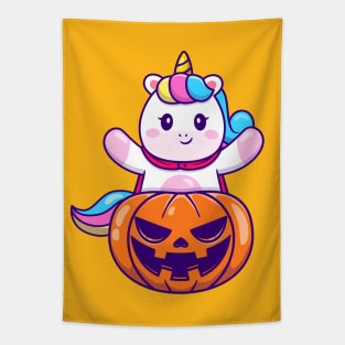 Cute Unicorn With Halloween Pumpkin Tapestry