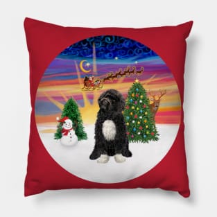 "Christmas Magic" with a Portuguese Water Dog (black-white bib/paws) Pillow