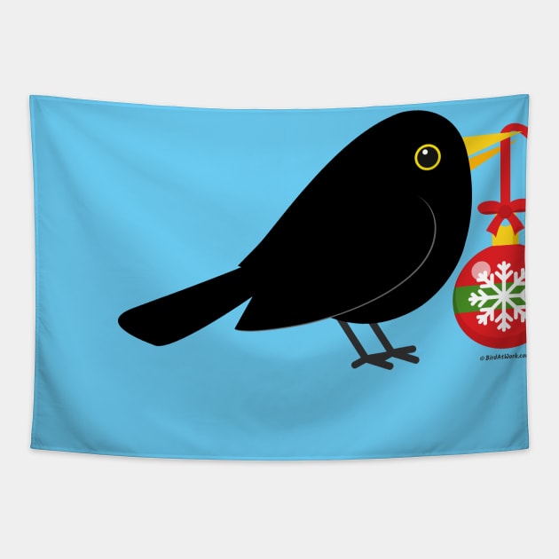 Cute Blackbird With A Christmas Ball Tapestry by BirdAtWork