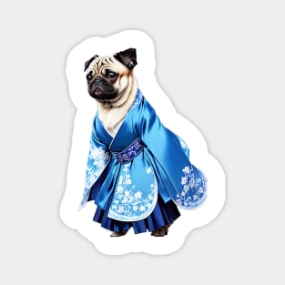 Regal Pug in Blue Hanbok with Intricate Embroidery Magnet