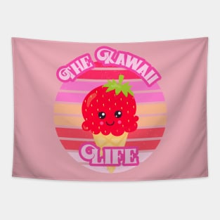 The Kawaii Life Strawberry Ice Cream: Cute Pink Retro Vintage Sunset Tapestry