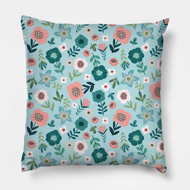 Botanical Pink And Blue Spring Garden Floral Pillow by Printable Pretty