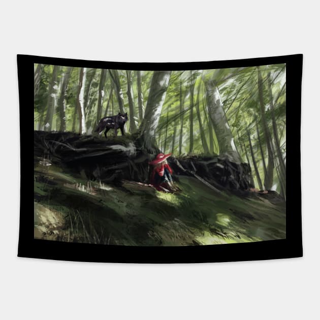 Girl escape in the woods Tapestry by Alexgle