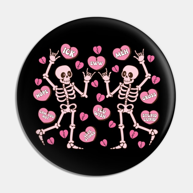 Skeletons & Conversation Hearts Anti Valentine Pin by FlawlessSeams